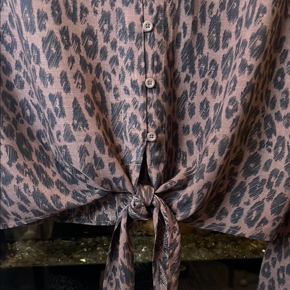 Cloth & Stone Brown Leopard V Neckline Tie Front Blouse - Picture 9 of 13